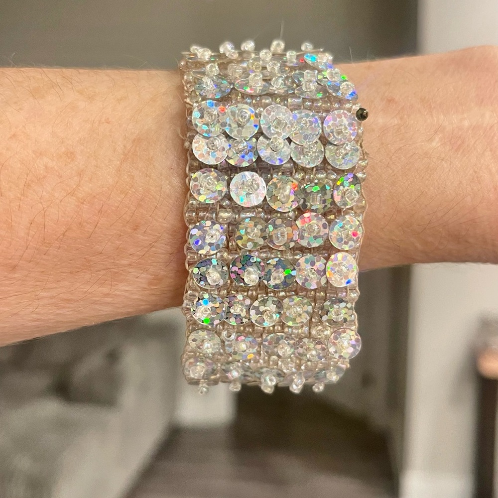 Vintage Silver Tone Sequins Beaded Stretch Bracelet Claire's Jewelry 90’s